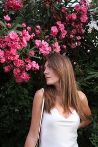 White dress,pink flowers