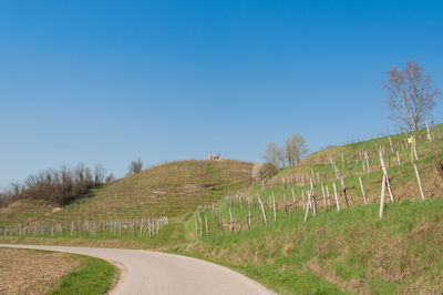 Road amidst field against clear sky