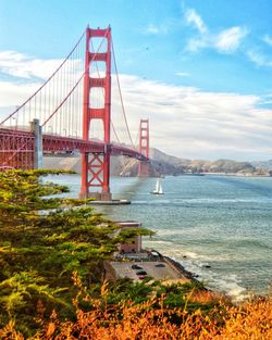 Sunny view of the suspended golden gate bridge