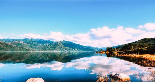 Scenic view of lake and mountains against sky