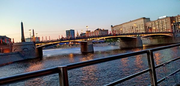 Bridge over river against buildings in city