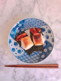 High angle view of sushi served on table