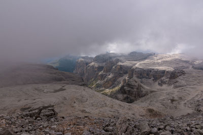 Panoramic view of volcanic landscape against sky