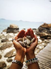 Cropped woman holding pebbles at beach against sky