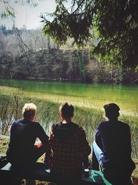 Rear view of people sitting on bench