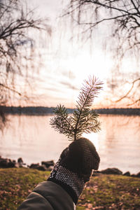 Close-up of hand holding plant against lake