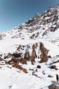 Scenic view of snowcapped mountains against clear blue sky