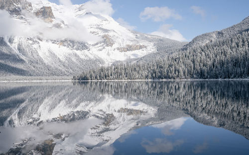 Still alpine lake reflecting its winter surroundings like a mirror, yoho n. park, canada