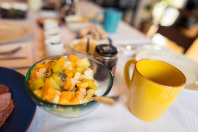High angle view of breakfast on table