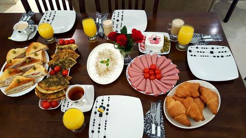 High angle view of fruits in plate on table