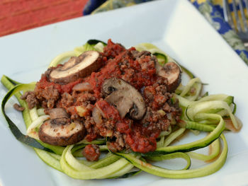 Close-up of meal served in plate on table