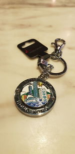 High angle view of coin on table