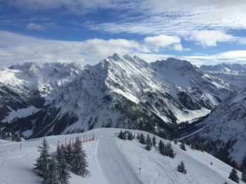 Scenic view of snowcapped mountains against sky