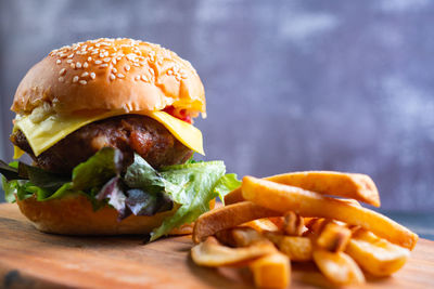 Close-up of burger on table