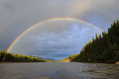 Scenic view of rainbow over lake against sky