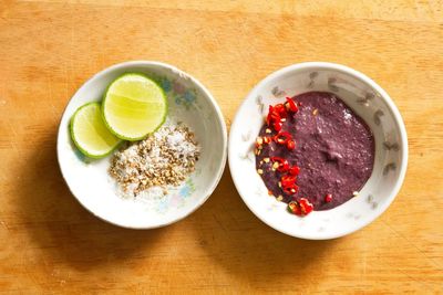 High angle view of shrimp paste and spices in bowl