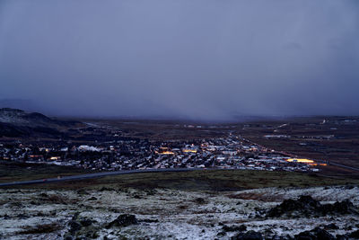 Aerial view of city buildings during winter