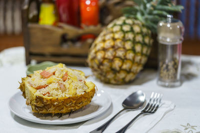 Close-up of dessert in plate on table