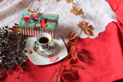 High angle view of coffee on table