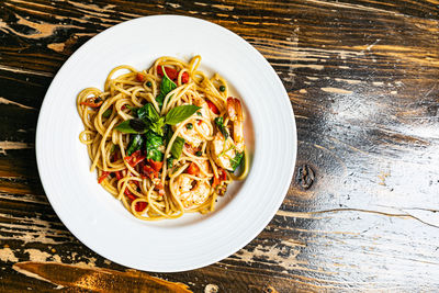 High angle view of meal served on table