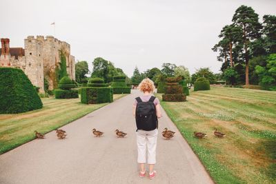 Rear view of woman standing by plants against sky