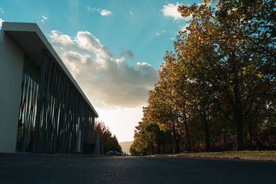 Low angle view of trees by building against sky