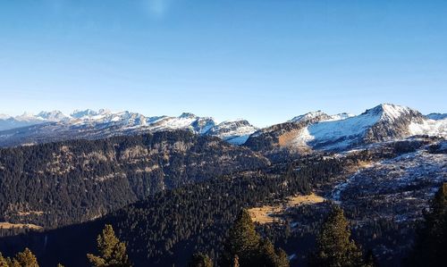 Scenic view of snowcapped mountains against clear blue sky
