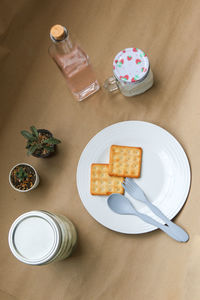 High angle view of breakfast on table