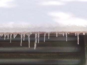 Close-up of frozen water against sky