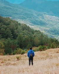 Rear view of man walking on road in forest