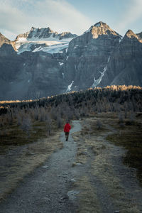 Rear view of person walking on snowcapped mountain against sky