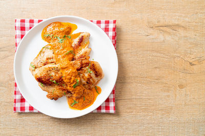 High angle view of food in plate on table