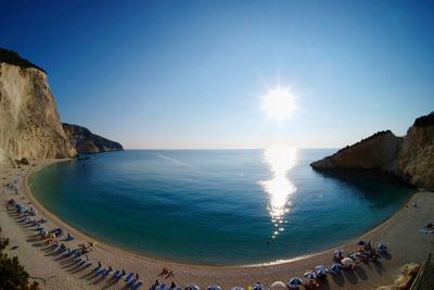 Aerial view of sea against clear blue sky