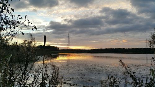 Scenic view of lake against cloudy sky