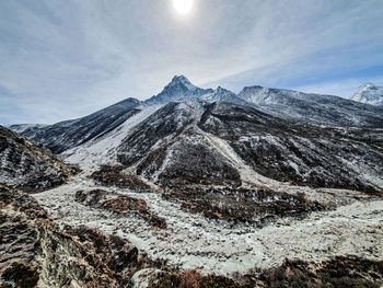 Scenic view of snowcapped mountains against sky