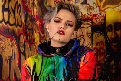 Portrait of young woman standing against graffiti wall