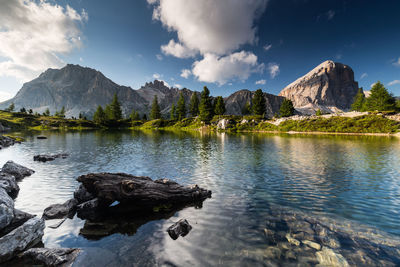 Scenic view of rocks in mountains against sky