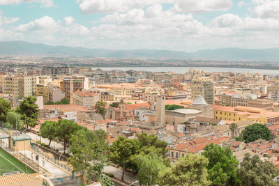 High angle shot of townscape against sky