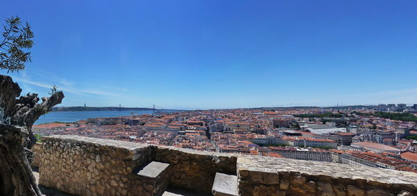 Aerial view of townscape against blue sky