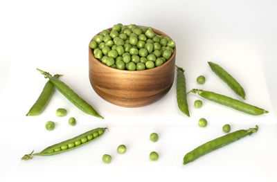 High angle view of vegetables in bowl against white background