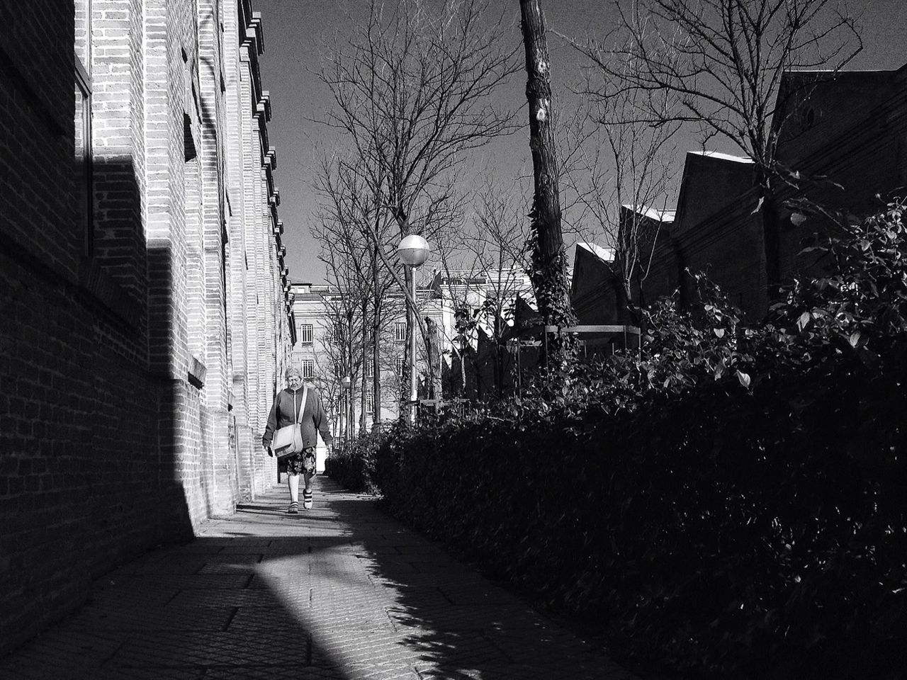 building exterior, architecture, built structure, the way forward, city, street, residential structure, residential building, building, alley, diminishing perspective, street light, tree, house, walking, city life, vanishing point, incidental people, road