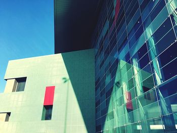 Low angle view of modern building against clear blue sky