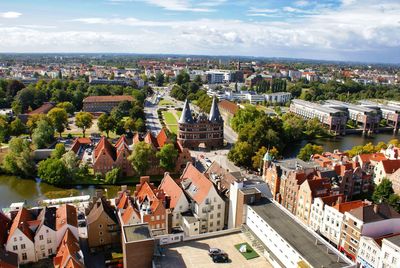 High angle view of townscape against sky