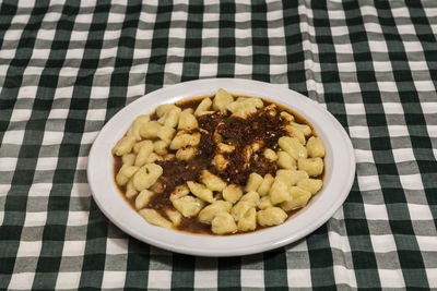 High angle view of food in plate on table