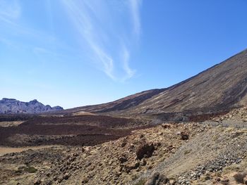 Scenic view of landscape and mountains against blue sky