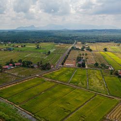 High angle view of agricultural field against sky