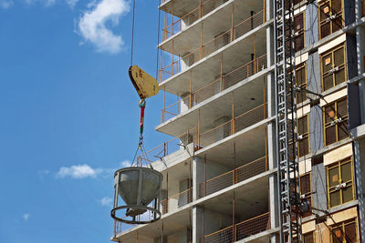 Low angle view of crane by building against sky