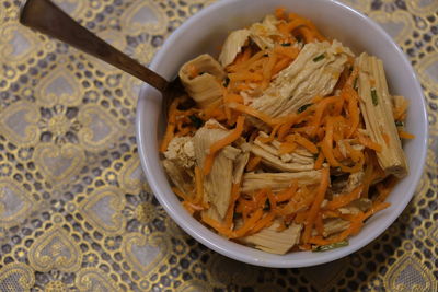 High angle view of noodles in bowl on table