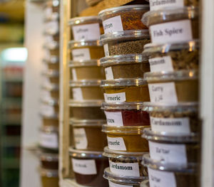 Close-up of spices objects in row