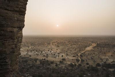 High angle view of desert from bandiagara escarpment in the dogon country mali during sunset
